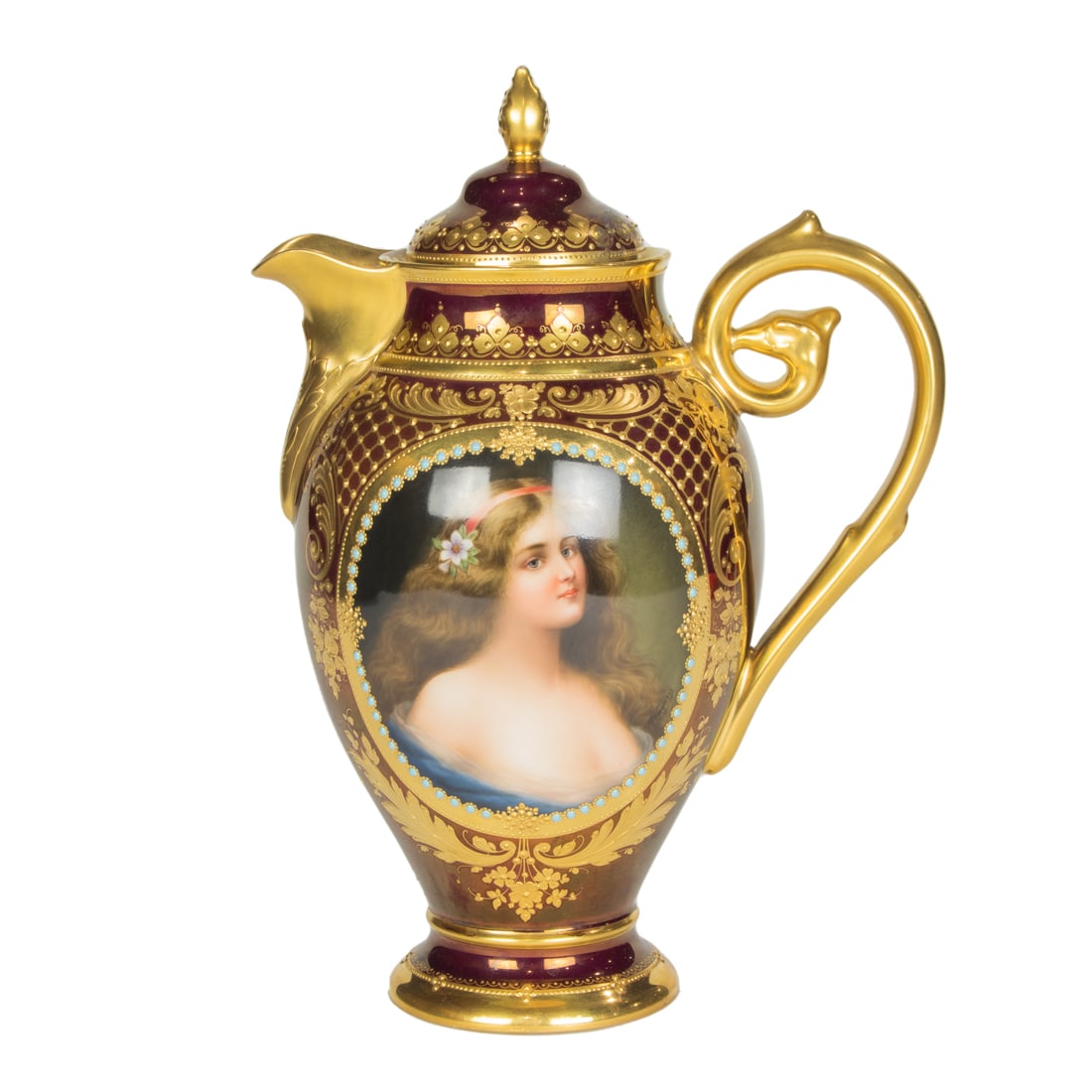 A Continental 'jeweled' enamel and luster decorated coffee pot (1 of 4)