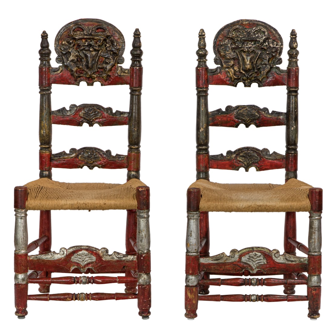 A pair of Spanish Colonial polychrome decorated chairs (1 of 3)