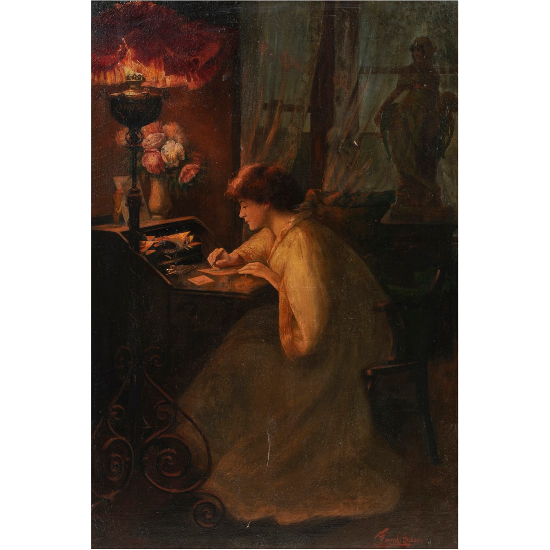 Painting, Frank Enders: Frank Enders (American, 1860-1921), "Yes," oil on canvas, signed lower right, gallery label (Gemini, Sonora, CA) affixed verso, sight: 34"h x 22.5"w, overall (with frame): 45.5"h x 34.5"w
