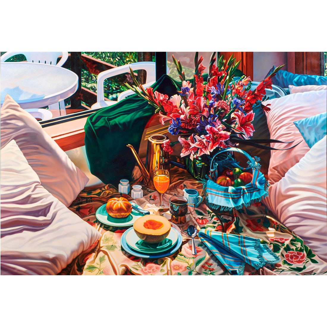 Painting, Kim Mendenhall: Kim Mendenhall (American, b. 1949), "Chinese Shawl," 1991, oil on linen, signed and dated lower right, gallery label (Cudahy's Fine Art, New York, NY) affixed verso, canvas: 51"h x 74.5"w, overall (wi