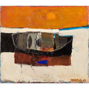 Painting, Raimonds Staprans: Raimonds Staprans (American/Latvian, b. 1926), "The Black Boat," 1963, oil on canvas, signed and dated lower right, canvas: 22"h x 25"w, overall (with frame): 28"h x 31"w. Provenance: Private collecti