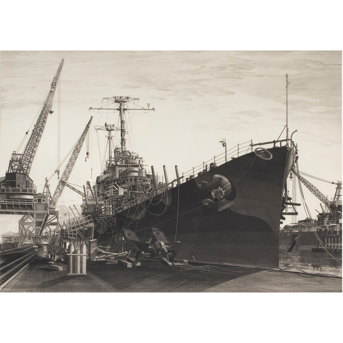 Print, John Taylor Arms: John Taylor Arms (American, 1887-1953), "USS Columbia," 1945, etching and mezzotint, pencil signed and dated lower right, number "II" lower left, image: 12.5"h x 17.5"w, sheet (unframed): 17"h x 22"w.