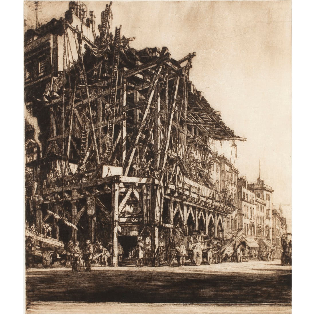 Print, David Muirhead Bone: David Muirhead Bone (British, 1876-1953), "Building with Scaffolding," etching, pencil signed lower right, sight: 14.25"h x 11.75"w, overall (with frame): 22.5"h x 18.5"w