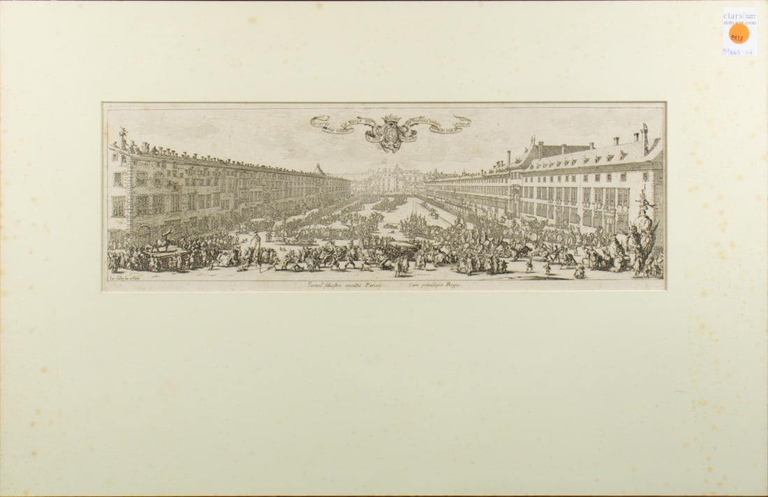 Print, Jacques Callot: Jacques Callot (French, 1592-1635), "La Rue Neuvue de Nancy (La Carrière de Nancy)," (circa 1627), etching, second state (of 2) after the address of Israel, image: 7"h x 20.5"w, overall (with mat): 1