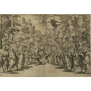 Print, Agostino Carracci: Agostino Carracci (Italian, 1557-1602), "Apollo e il Drago Pitone," 1589, etching and engraving on paper, possibly state III/III, signed in plate lower right, sheet: 9.5"h x 13.5"w, overall (with mat)