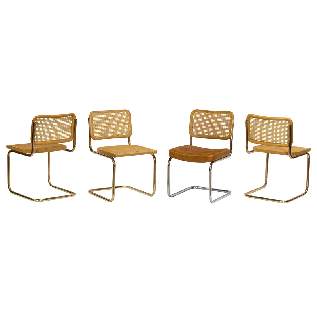 A set of 3 Italian Cesca chairs on gilt base and a fourth by Chromcraft: A set of three Italian Cesca armless chairs with cane seat and back on gilt plated steel tube base, with 'Made In Italy' paper label, en suite with a fourth by Chromcraft Corp with a brown tufted upho