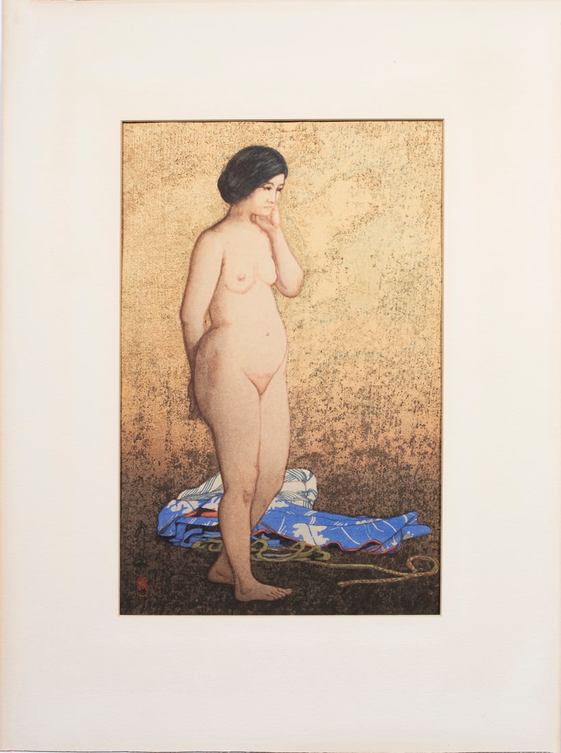 Hiroshi Yoshida (1876-1950) - Study of Nude: Hiroshi Yoshida (1876-1950) - Study of Nude. Woodblock print, 1927, pencil and brush signatures; jizuri seal, 16.5"h x 11"w.