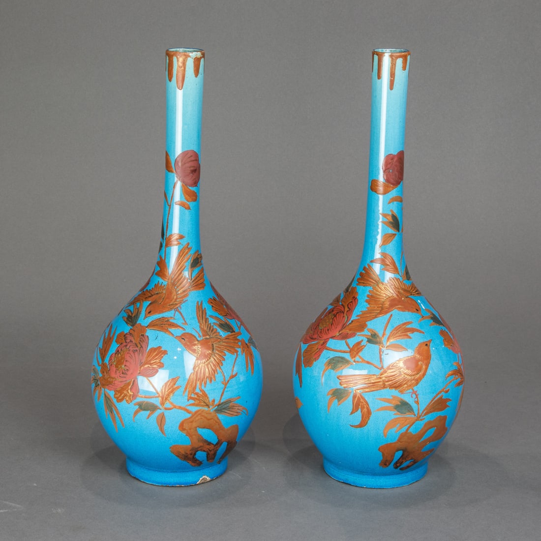 Pair of Japanese Awaji turquoise ground gilt lacquered bottle vases (1 of 6)