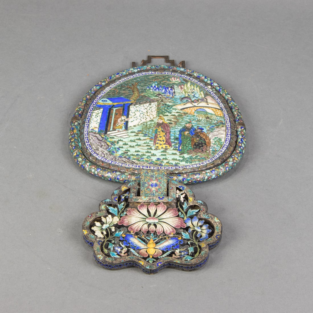 Chinese enameled mixed-metal hanging mirror (1 of 2)
