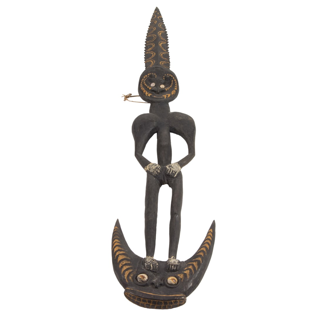 Two Sepik River carved wood figures: Two Sepik River carved wood figures: the larger figure standing atop a mask and with a saw tooth finial 34"h; the smaller a figure with feather headdress, 20.5"h