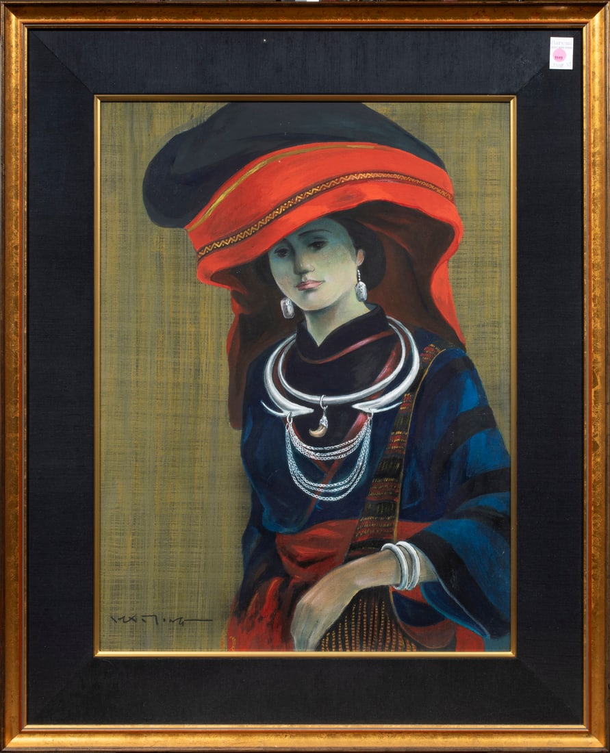 Mai Long (b 1930) - Portrait of a Hmong Woman: Mai Long (b 1930) - Portrait of a Hmong Woman. Pastel on paper, signed Mai Long lower left, framed and glazed, 30.25"h x 20.5"w.