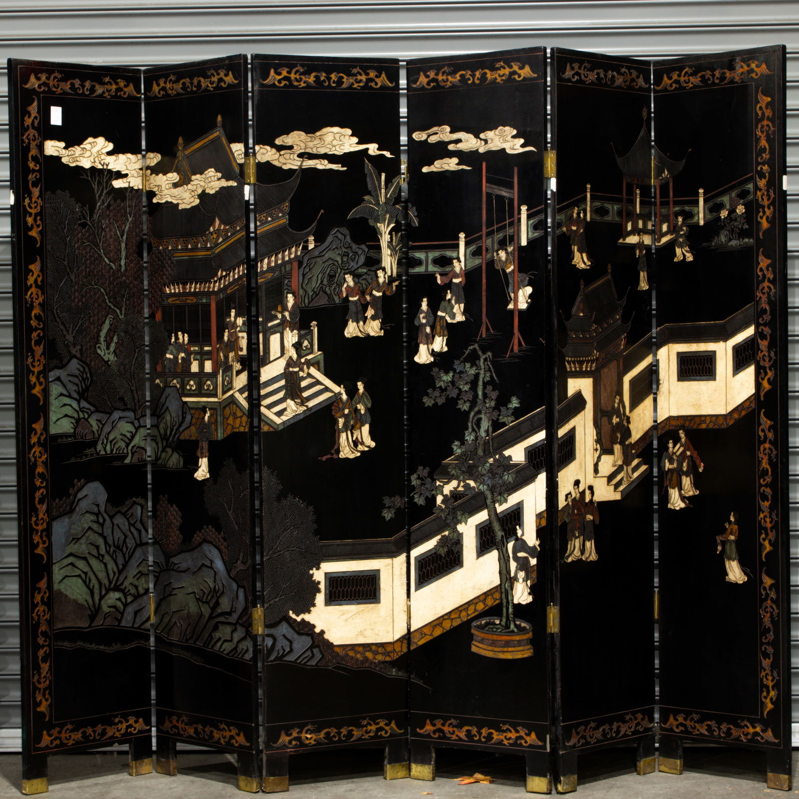 Chinese six-panel black lacquer coromandel folding screen (1 of 1)