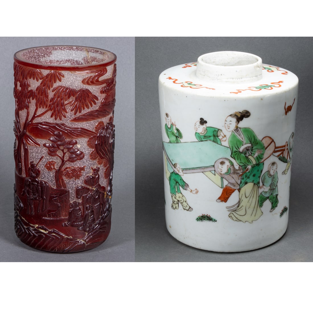 (lot of 2) Chinese decorative objects: (lot of 2) Chinese decorative objects. Famille rose jar and red overlay glass brush pot. 7" high.