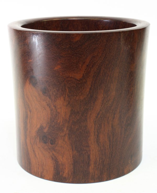 Chinese Cylindrical Hardwood Brush Pot: Chinese hardwood brush pot, the cylindrical body shaped with sides tapering toward the flat base with a central plug, the wide mouth with a slightly rounded rim (minor hairline cracks), 7.5''h