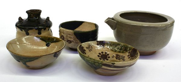 Japanese Ceramic Studio Ware: (Lot of 5) Group of Japanese ceramic studio ware, consisting of an Oribe-style bottle vase with lug handles; a tea bowl molded with short notches to the exterior; one bowl with tapering sides with gre