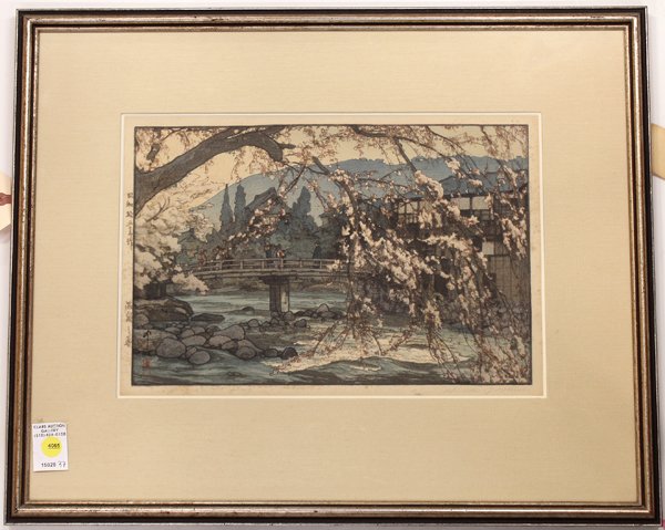 Framed Japanese Print Yoshida Hiroshi,Spring: Framed Japanese woodblock print, 'Onsen no Haru' (=Spring in a Hot Spring), by Yoshida Hiroshi (Japanese, 1876-1950), the lower left with artist signature and seal in Japanese, the lower margin with t
