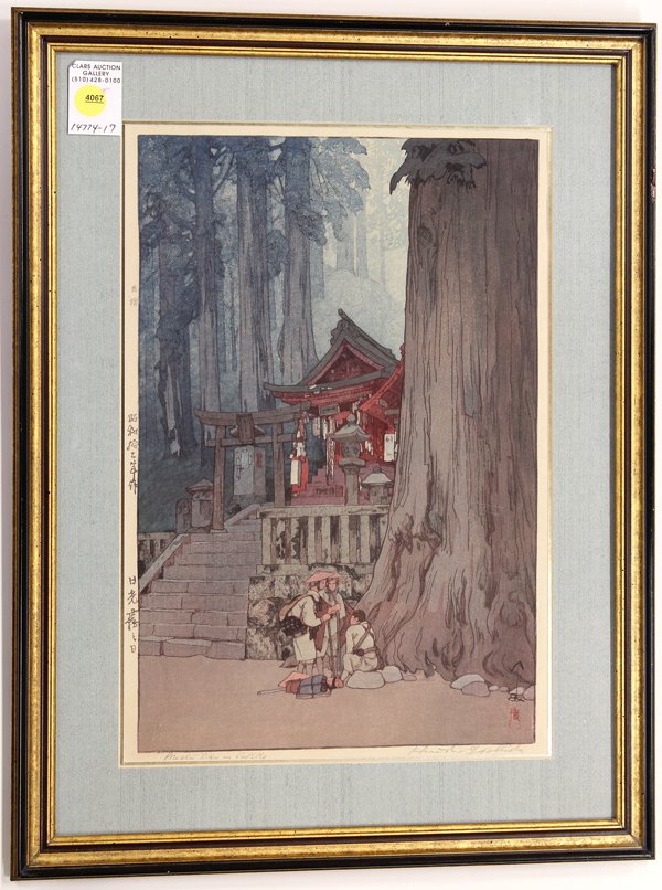 Japanese print Yoshida Hiroshi: Japanese framed color woodblock print, 'Misty Day in Nikko', by Yoshida Hiroshi (Japanese, 1876-1950), lower right with artist seals, lower margin signature and title, left margin with jizuri mark, ye