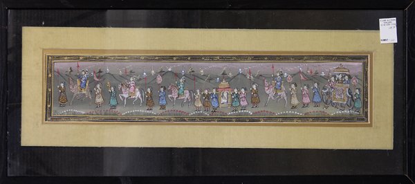 Two East Indian Miniatures Paintings: (lot of 2) Framed East Indian miniature paintings, the first of a procession scene, together with an illustrated manuscript page depicting a couple seated upstairs while a row of beauties converses do