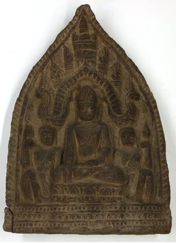 Khmer-style Buddhist Stone Tablet: Khmer-style carved stone tablet, featuring the Buddha in bhumisparsa flanked by two attendants while backed by nagas (repaired), 17.25''h