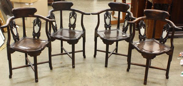 Chinese Wood Corner Chairs: (lot of 4) Chinese wooden corner chairs, the rounded back rail with a shaped back rest, above spandrels inlaid with crest form marble plaques, the shaped seat supported on straight supports, 32.25''h