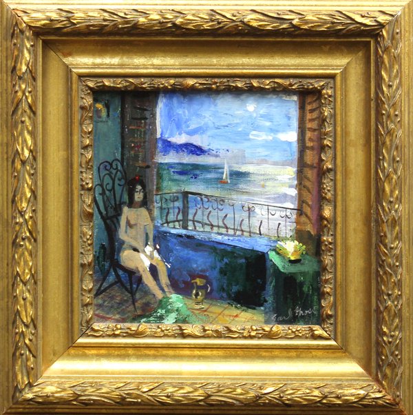 Painting, Earl Gross, Nude and Seaside: Framed oil on board, ''Nude and Seaside,'' by Earl Clifford Gross (American, 1899-1983), signed ''Earl Gross'' lower right, title label affixed verso, overall: 13.75''h x 13.5''w