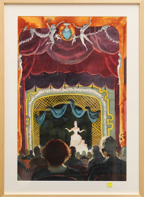 Watercolor, Charles Matthew Stevenson: Framed watercolor and colored pencil, ''Jane Rhodes at the Palais Royal,'' 1972, by Charles Matthew Stevenson (Californian, 1885-1968), signed and dated ''Stevenson '72'' lower center, titled lower ri