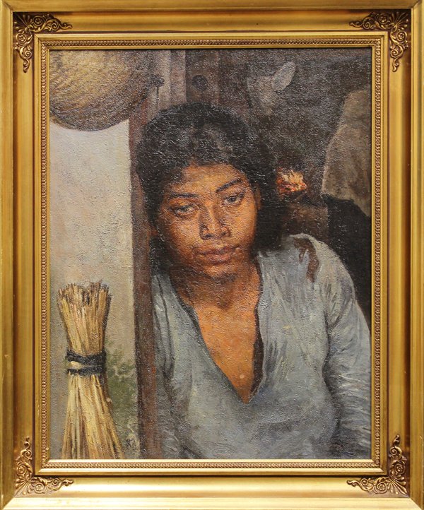 Painting, Tahitian School, 1888: Framed oil on canvas, Portrait of Young Tahitian Woman, 1888, Tahitian School (19th century), unsigned, dated ''88'' lower center, overall: 23.25''h x 19.25''w