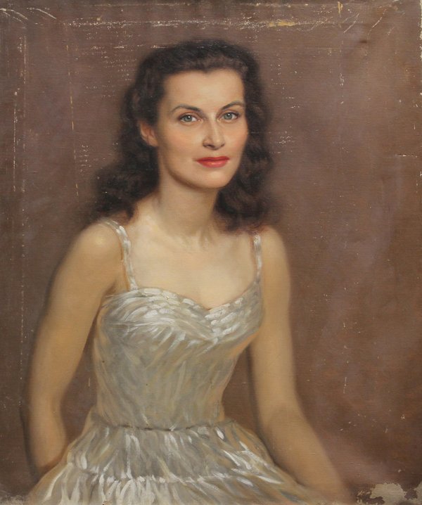 Paintings, Portrait and Street Scene: (Lot of 2) Unframed oil on canvas, Portrait of a Lady in a Satin Dress, American School, (20th century), and framed oil on canvas, Street Scene, Dutch School (19th century), both unsigned, largest ove