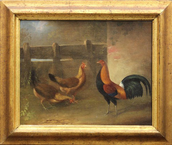 Painting, Rooster and Hens: Framed oil on canvas, Rooster and Hens, British School (19th century), unsigned, overall: 16''h x 19.25''w