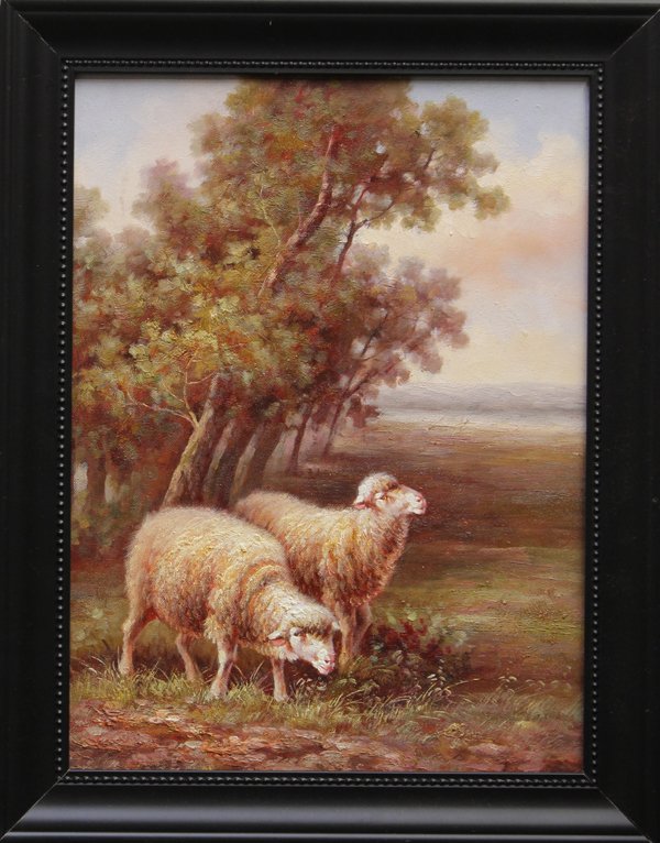 Set of 3 landscape paintings with sheep: (Lot of 3) Framed oils on canvas, Landscapes with Sheep, Continental School (20th century), unsigned, overall (each): 19''h x 15''w