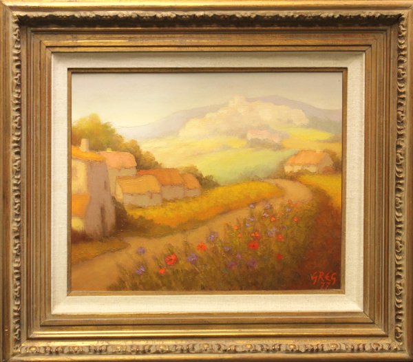 Painting, Ronald Greg, Route Fleurie: Framed oil on canvas, ''Route Fleurie (Drome),'' 1977, by Ronald Greg (American, 20th century), signed and dated lower right, overall: 21''h x 24''w
