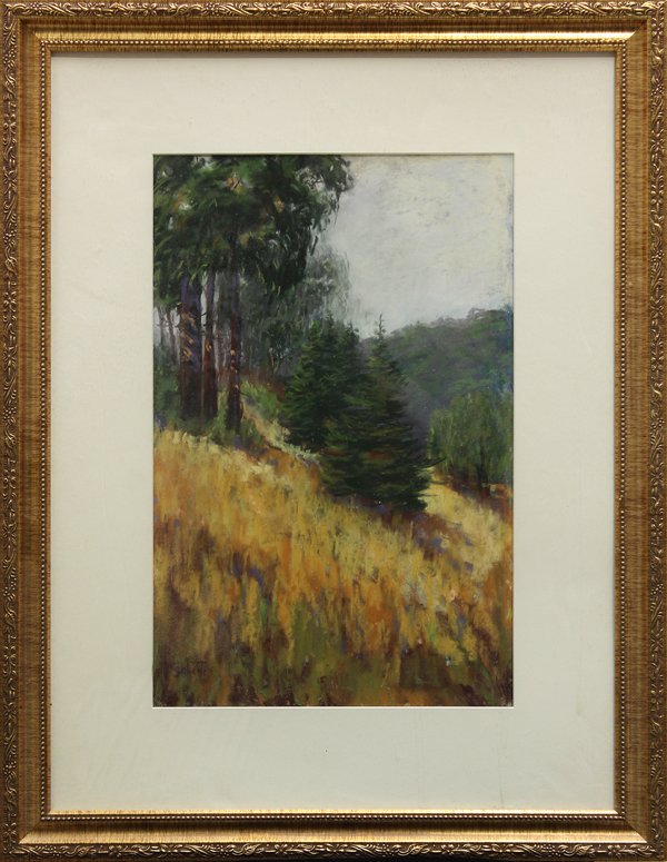 Pastel, Hillside Evergreens, signed ''S. Roberts': Framed pastel, Hillside Evergreens, American School, Contemporary, signed ''S. Roberts'' lower left, overall: 27''h x 21''w