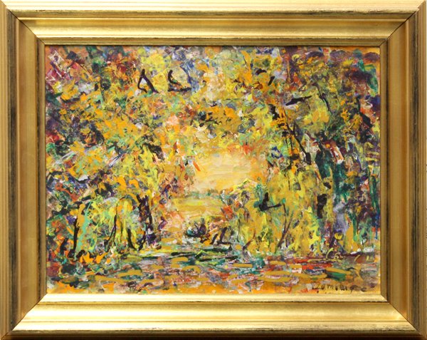 Painting, John Augustus Dominique: Framed oil on canvas board, Autumn, by John Augustus Dominique (Californian, 1893-1994), signed ''Dominique'' lower right, overall: 15.5''h x 20''w