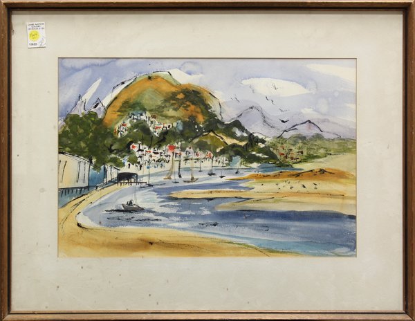Watercolors, Beach, signed ''Frances Campbell'': (Lot of 2) Framed watercolors, Sailboats at Anchor, signed ''Frances Campbell'' lower right, and Bridge over River, signed ''R. Baker'' lower right, both American School, 20th century, largest overall