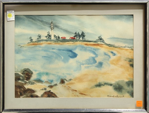 Watercolors, Mildred Watterworth, Tahoe: (Lot of 3) Framed watercolors, Lighthouse Point, by Mildred Watterworth (Californian, 1905-1980) ''Lake Tahoe,'' signed ''E. Simmons'' lower right; and Marin Hills, signed ''Arnold'' lower right, all 