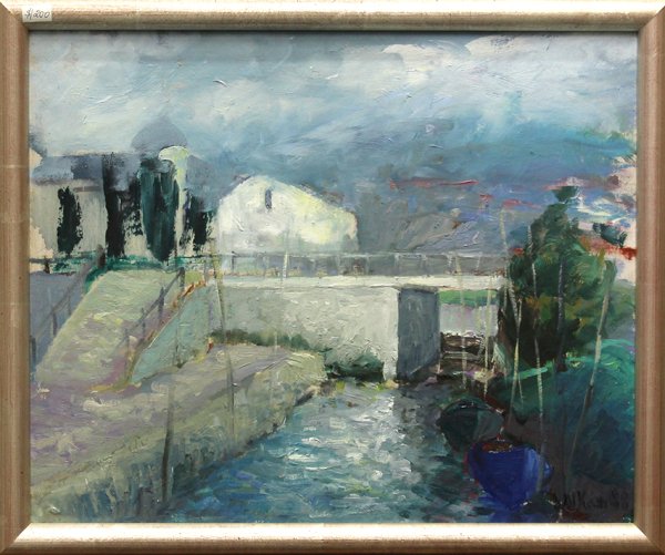 Paintings, Caribbean, Harbors: (Lot of 3) Framed oils on board, Caribbean Town, 1988, signed ''W.H. Kahn'' lower right; and Harbor Scenes (2), each signed ''M. Coradine,'' largest overall: 19''h x 23.5''w