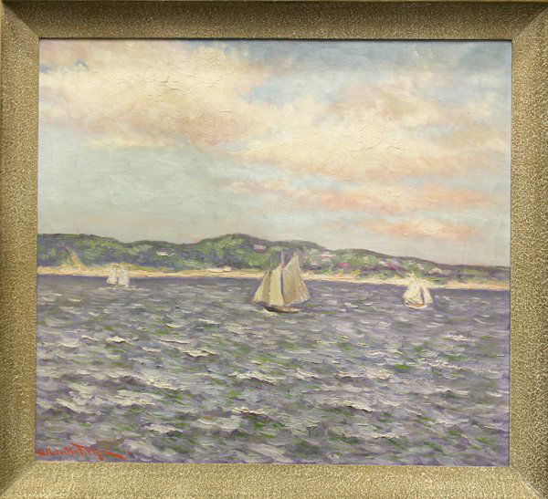 Painting, Hugo Melville Fisher: Framed oil on canvas, Sailboats in the Bay, by Hugo Melville Fisher (Californian, 1878-1946), signed lower left, overall: 32''h x 35''W