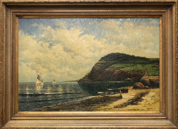 Painting, Boats Anchored on the Sand: Framed oil on board, Boats Anchored on the Sand, Continental School (19th century), sight: 24''h x 35.5''w, overall: 33''h x 45''w