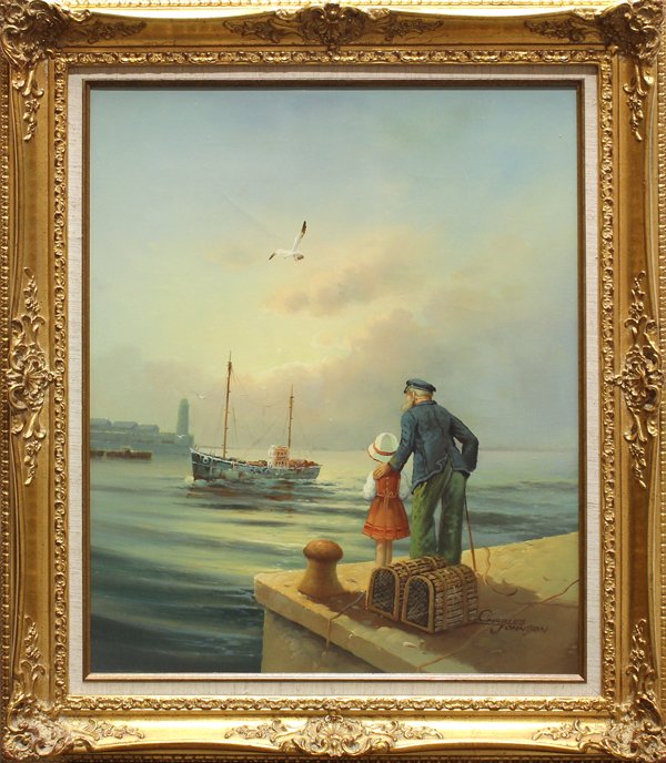 Painting, Charles Johnson, Old SailorS Farewell: Framed oil on canvas, Old Sailors Fairwell to the Sea, by Charles Johnson, circa 1984, signed ''Charles Johnson'' lower right, Artistic Interiors Insurance Appraisal verso, overall: 31''h x 27''w