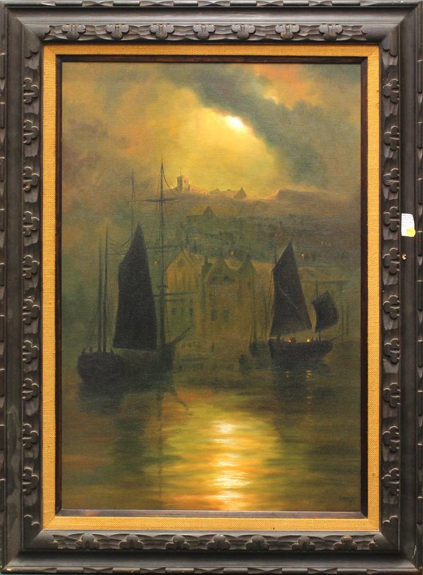 Painting, Moonlit Harbor: Framed oil on canvas, Moonlit Harbor, signed ''Doring'' lower right, Continental School, overall: 45''h x 33.25''w