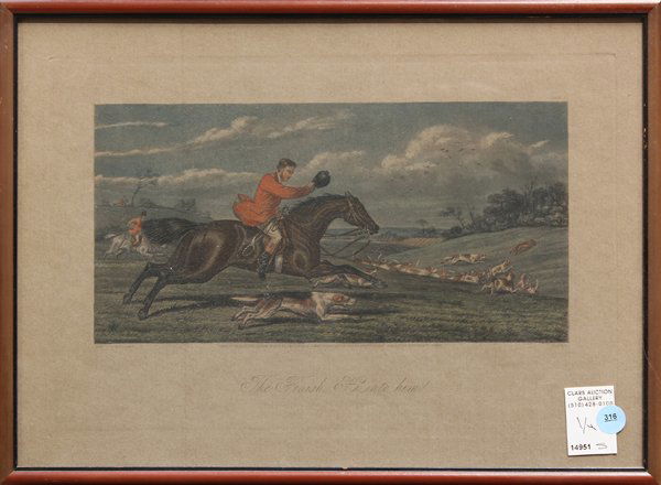 Hand colored engravings, Charles Hunt, Hunting: Set of four framed hand colored engravings, Hunting Scenes, 1870, by Charles Hunt (British, 1803-1877), published by J. McQueen, London, overall: 12.5''h x 17''w