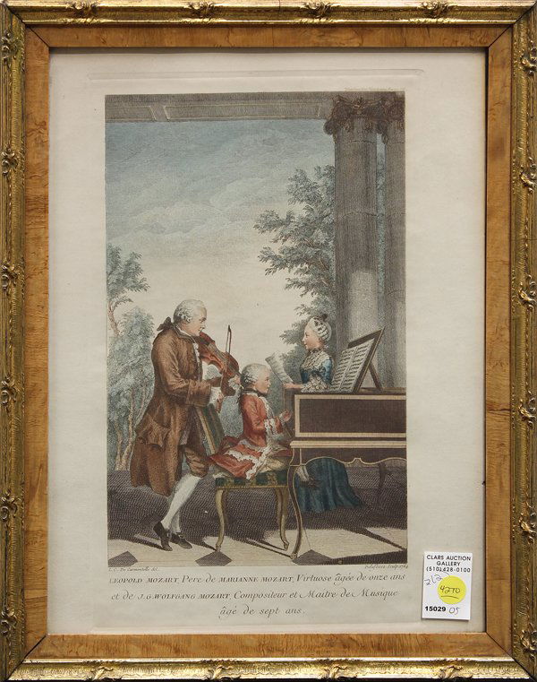 Engravings, Mozart, Justice: (Lot of 2) Framed hand colored engraving, Mozart, 1764, by Delafosse and a framed engraving, Blind Justice, European School, 18th century, bears illegible inscription lower right, largest overall: 13.