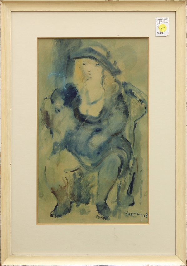 Watercolor, print, Figures: (Lot of 2) Framed pen and ink with watercolor, Back to Back, French School, mid 20th century, signed ''LeBue'' lower right and a framed collotype, Seated Young Woman, 1938, European School, signed ''V