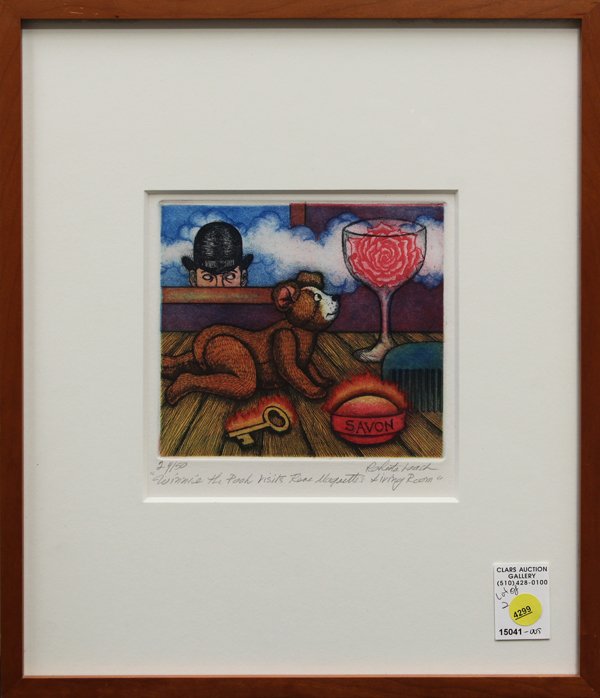 Prints, Bill Jensen and Roberts Loach: (Lot of 2) Framed color etchings, Exit, 1989, by Bill Jensen (American, Contemporary), edition 48, Published by ULAE, and ''Winnie the Pooh visits Rene Magriette's Living Room,'' by Roberts Loach (Cal