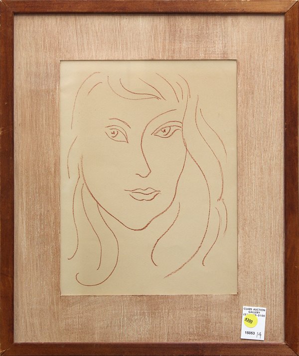 Print, after Matisse, Woman's Face: Framed lithograph, Line drawing of Woman's Face, after Matisse, sight: 13''h x 9.5''w overall: 19.5''h x 16''w