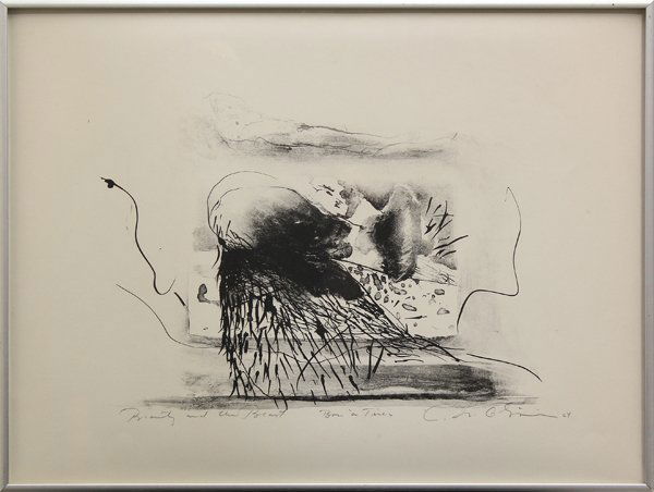 Lithograph, Nathan Oliviera: Framed lithograph, ''Beauty and the Beast,'' 1964, by Nathan Oliveira (Californian, 1928-2010), signed in pencil lower right and dated, titled lower left in pencil, from an edition of 20, label verso,