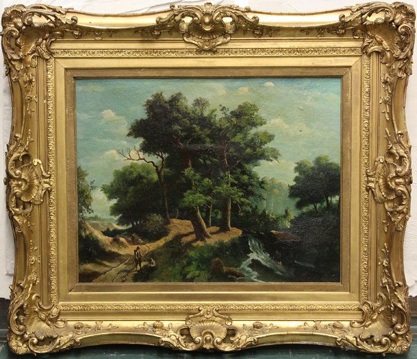 Painting, Forest View, Dutch School: Framed oil on board, Forest View, Dutch School, 19th century, signed ''A.v.d. Meer'' lower right, overall: 36''h x 42''w. Note: Housed in period frame