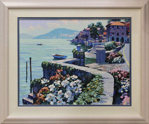 Embellished print, Howard Behrens, Amalfi Coast: Framed paint-embellished print, Amalfi Coast, by Howard Behrens (American, b. 1939), signed ''Behrens'' lower right, numbered edition of 65, overall: 35.5''h x 43''w