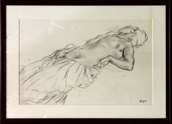 Print, After Edgar Degas, Nude: Framed print, Reclining Nude, after Edgar Degas, late 20th century example, overall: 32.5''h x 47''w