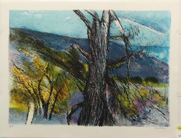 Lithograph, Guy Bardone, Tree: Unframed color lithograph, Untitled, by Guy Bardone (French, b. 1927), pencil signed and numbered edition of 150 within lower margin, paper: 20''h x 25.25''w